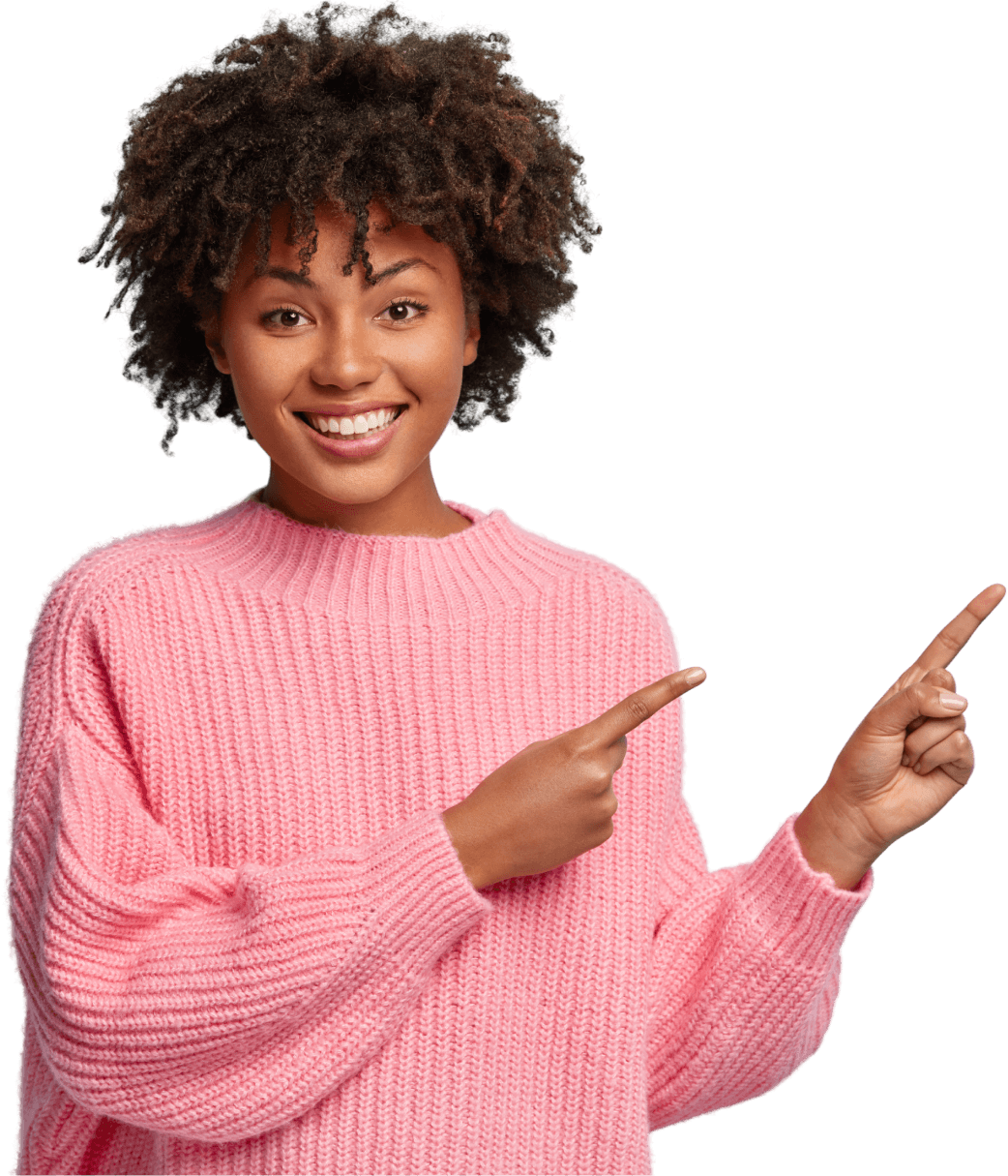 Smiling community member pointing toward the call to action