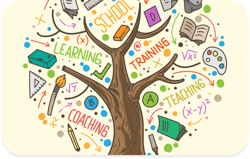 Illustration of a learning tree covered in school, training, and coaching icons