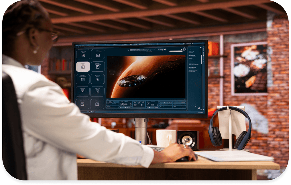 Person building a simulation on a desktop monitor